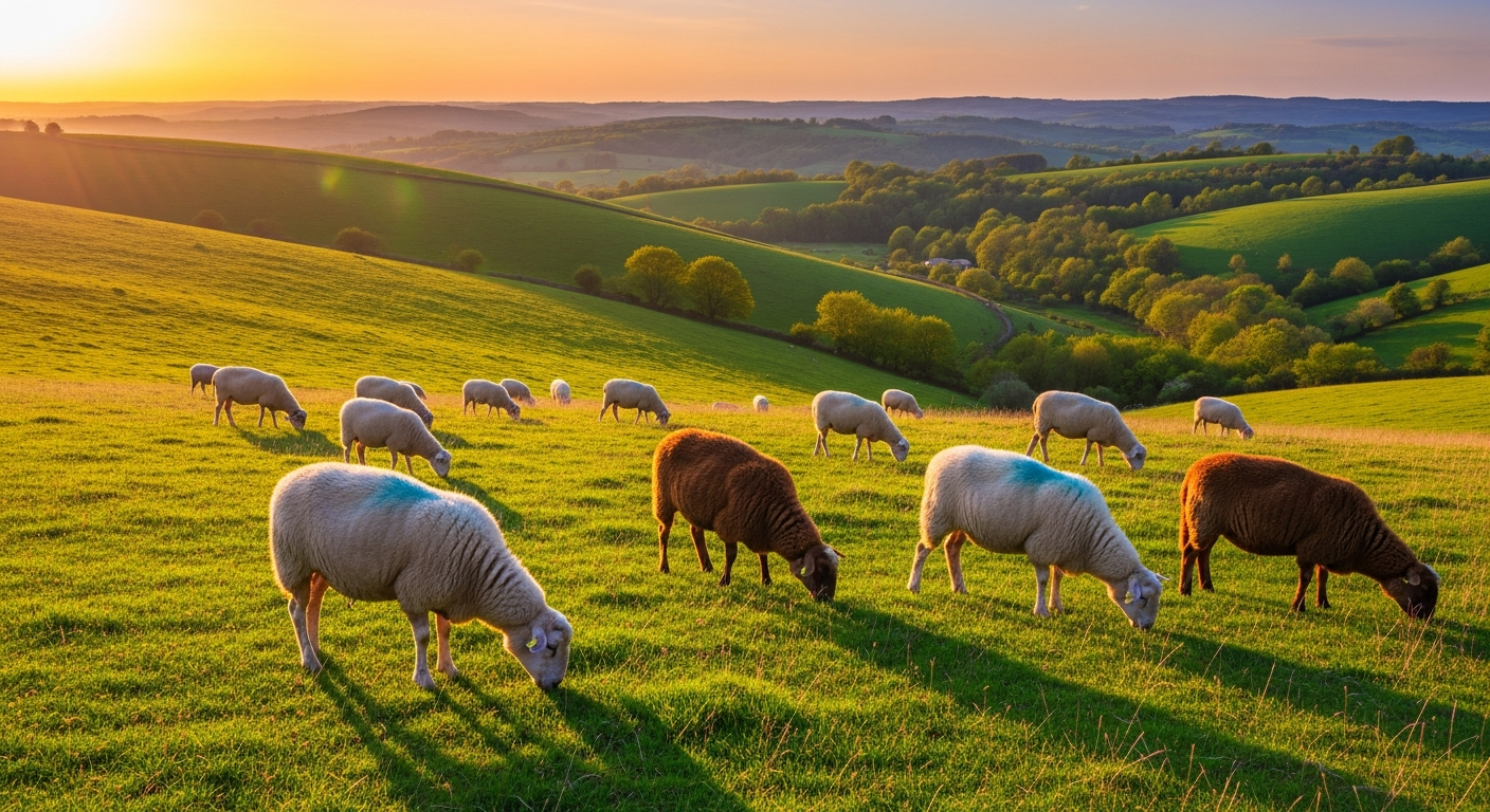 Flock of sheep grazing on a hillside